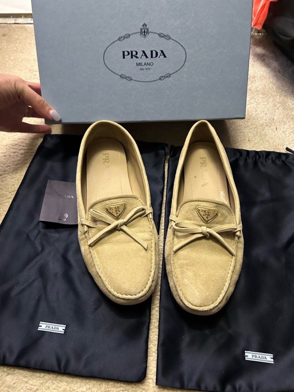 AUTHENTIC PRADA suede logo loafers.